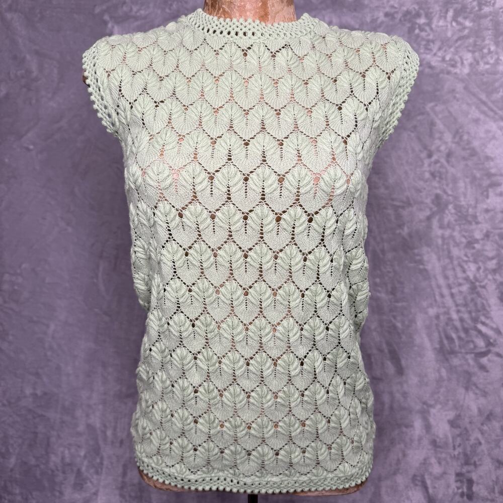 Vintage Knit Sweater Womens S/M Green Leaf Pattern Lace Sleeveless Top 60s
